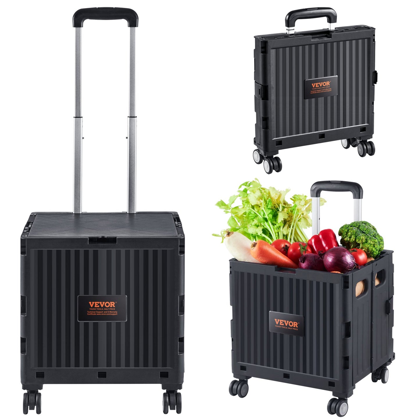 Foldable Utility Cart, 110 lbs lastkapacitet, hopfällbar bärbar rullande låda handkärra med kraftigt teleskopiskt handtag och 4 roterande hjul för resor Shopping Flyttande bagage kontorsbruk, svart