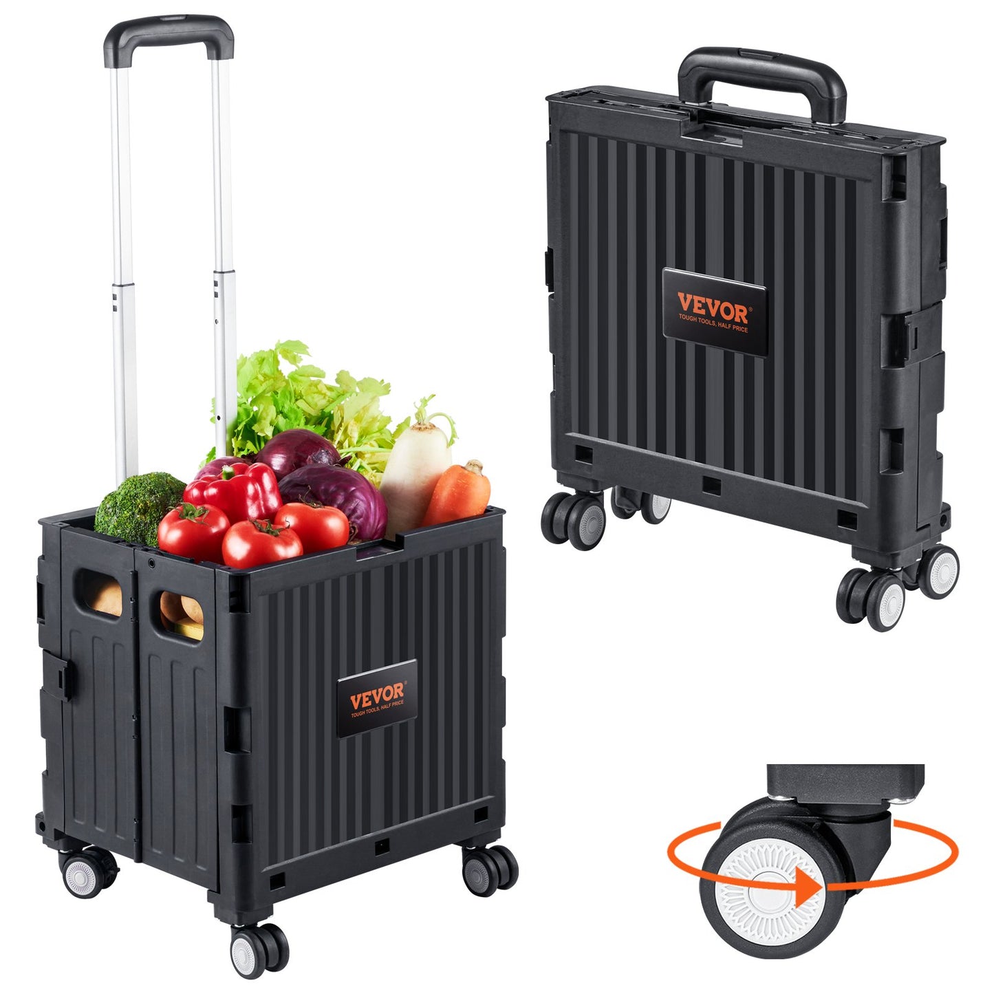 Foldable Utility Cart, 110 lbs lastkapacitet, hopfällbar bärbar rullande låda handkärra med kraftigt teleskopiskt handtag och 4 roterande hjul för resor Shopping Flyttande bagage kontorsbruk, svart
