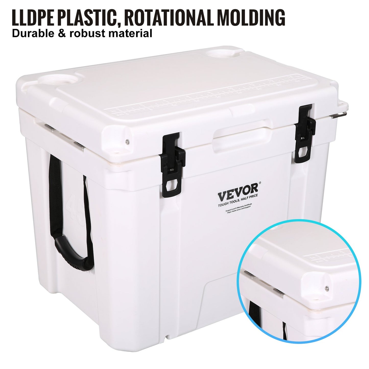 Insulated Portable Cooler, 45 qt, Holds 45 Cans, Ice Retaining Hard Cooler with Heavy Duty Handle, Ice Chest Lunch Box for Camping, Beach, Picnic, Travel, Outdoors, Keeps Ice for Up to 6 Days