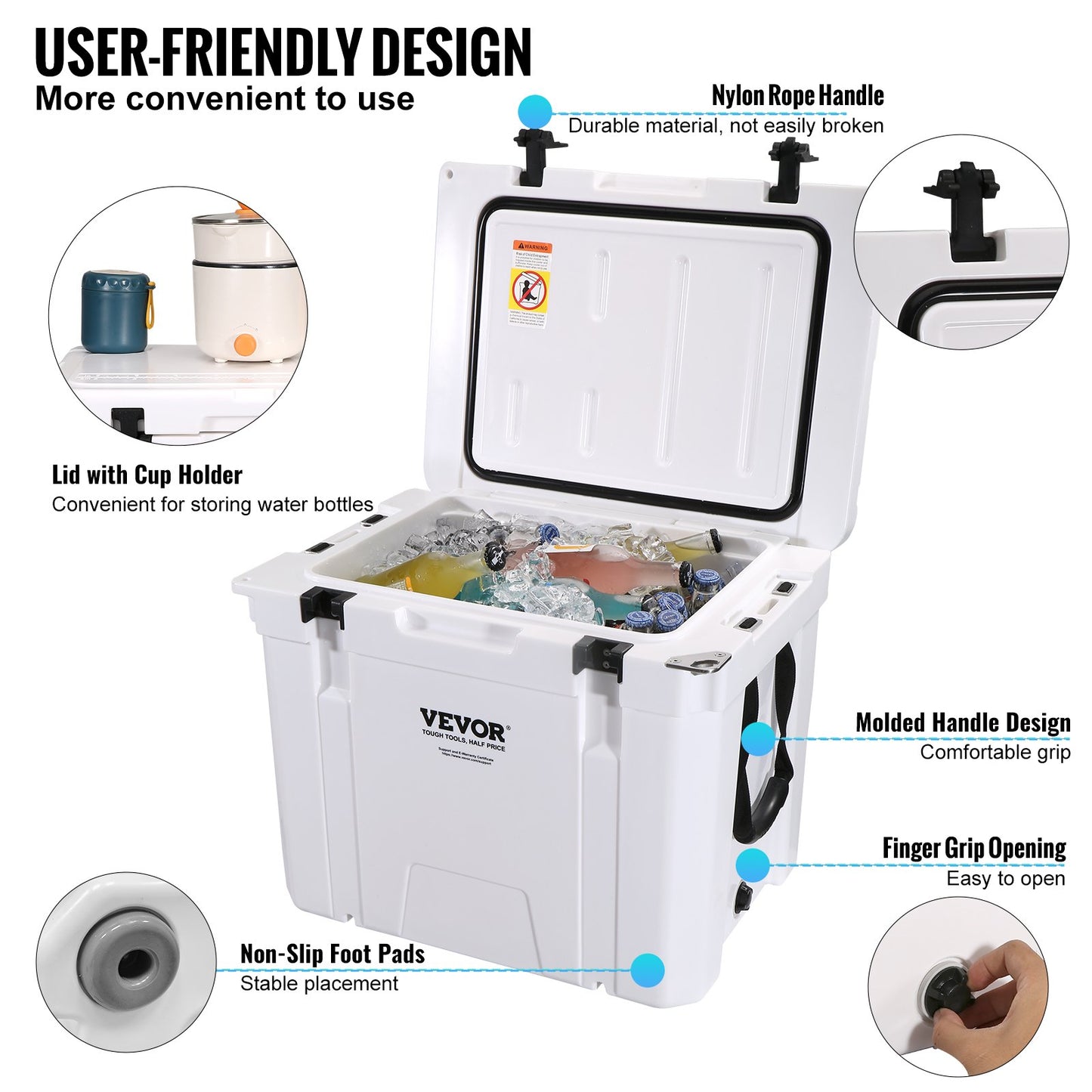 Insulated Portable Cooler, 45 qt, Holds 45 Cans, Ice Retaining Hard Cooler with Heavy Duty Handle, Ice Chest Lunch Box for Camping, Beach, Picnic, Travel, Outdoors, Keeps Ice for Up to 6 Days