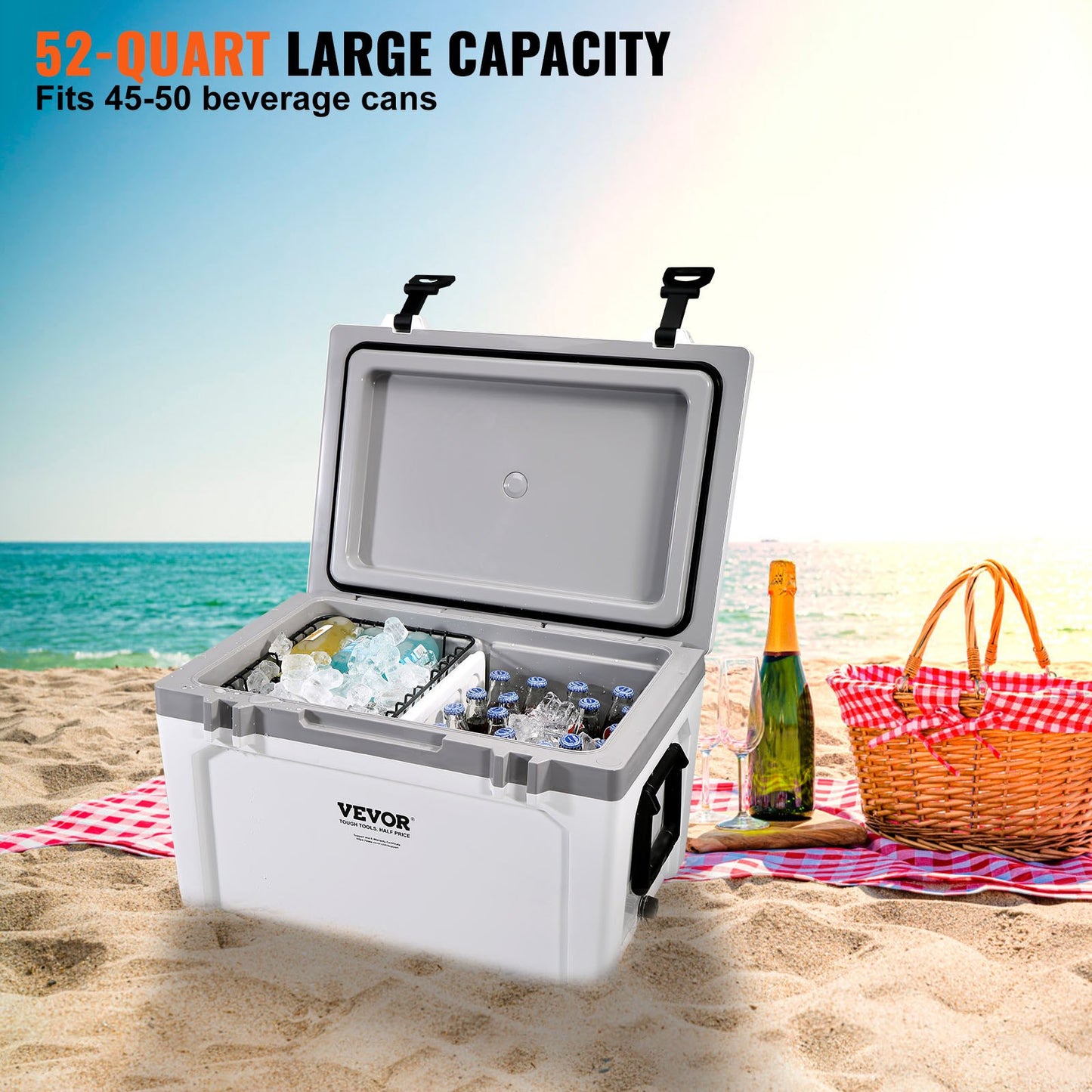 Insulated Portable Cooler, 52 qt, Holds 50 Cans, Ice Retaining Hard Cooler with Heavy Duty Handle, Ice Chest Lunch Box for Camping, Beach, Picnic, Travel, Outdoors, Keeps Ice for Up to 6 Days