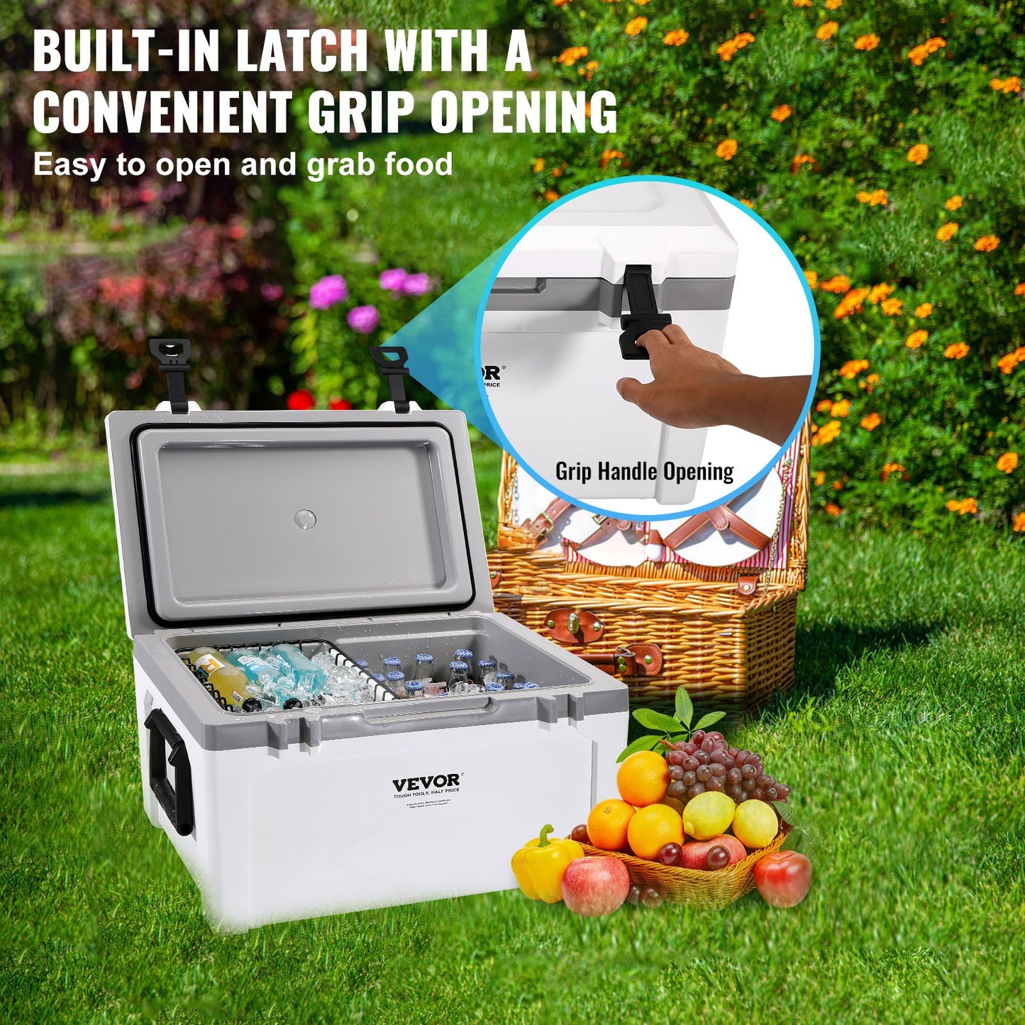 Insulated Portable Cooler, 52 qt, Holds 50 Cans, Ice Retaining Hard Cooler with Heavy Duty Handle, Ice Chest Lunch Box for Camping, Beach, Picnic, Travel, Outdoors, Keeps Ice for Up to 6 Days