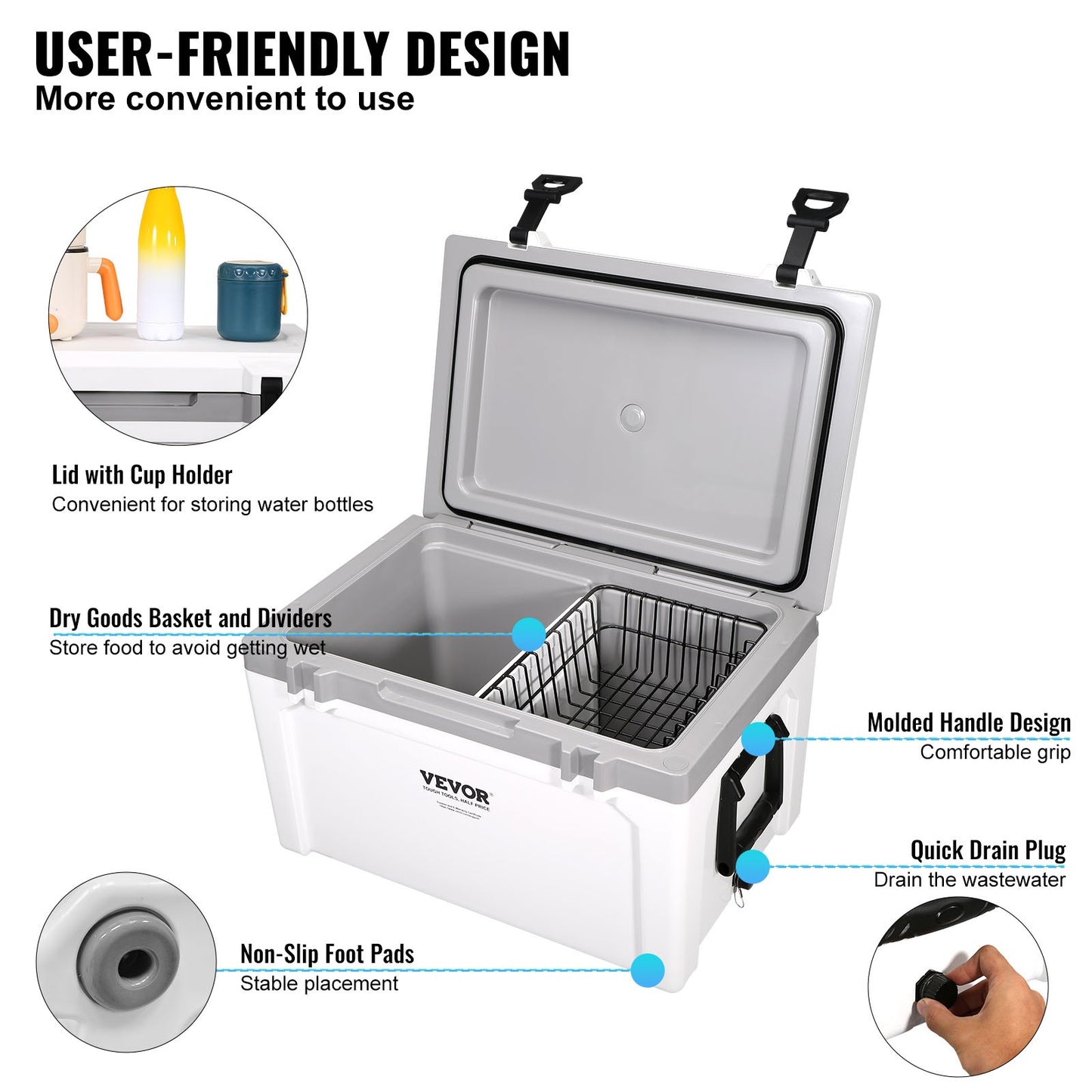 Insulated Portable Cooler, 52 qt, Holds 50 Cans, Ice Retaining Hard Cooler with Heavy Duty Handle, Ice Chest Lunch Box for Camping, Beach, Picnic, Travel, Outdoors, Keeps Ice for Up to 6 Days