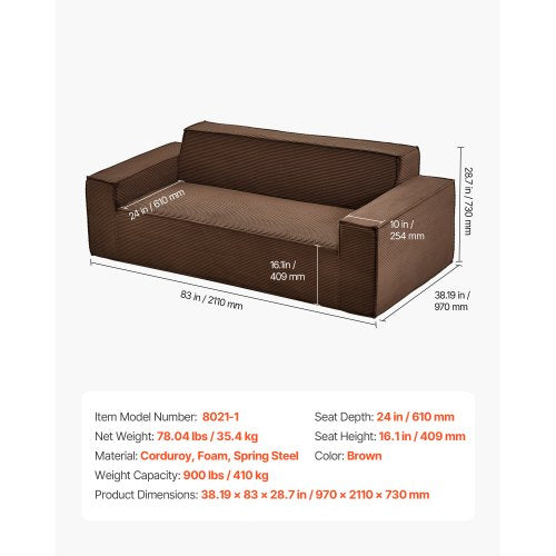 2110 mm Modern soffa, Bekväm manchestersoffa med djupa sitsar, Cloud-soffa med breda armstöd, Ingen montering krävs, Stor plyschsoffa Perfekt för vardagsrum, sovrum, lägenhet och kontor, Brun | EU