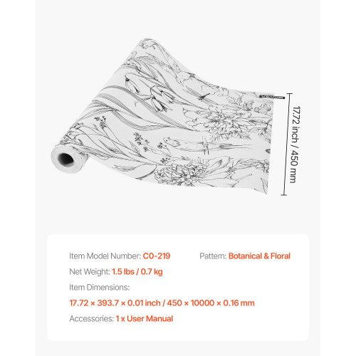 Self-adhesive wallpaper 45 cm x 10 m White Botanical Floral Waterproof | EU