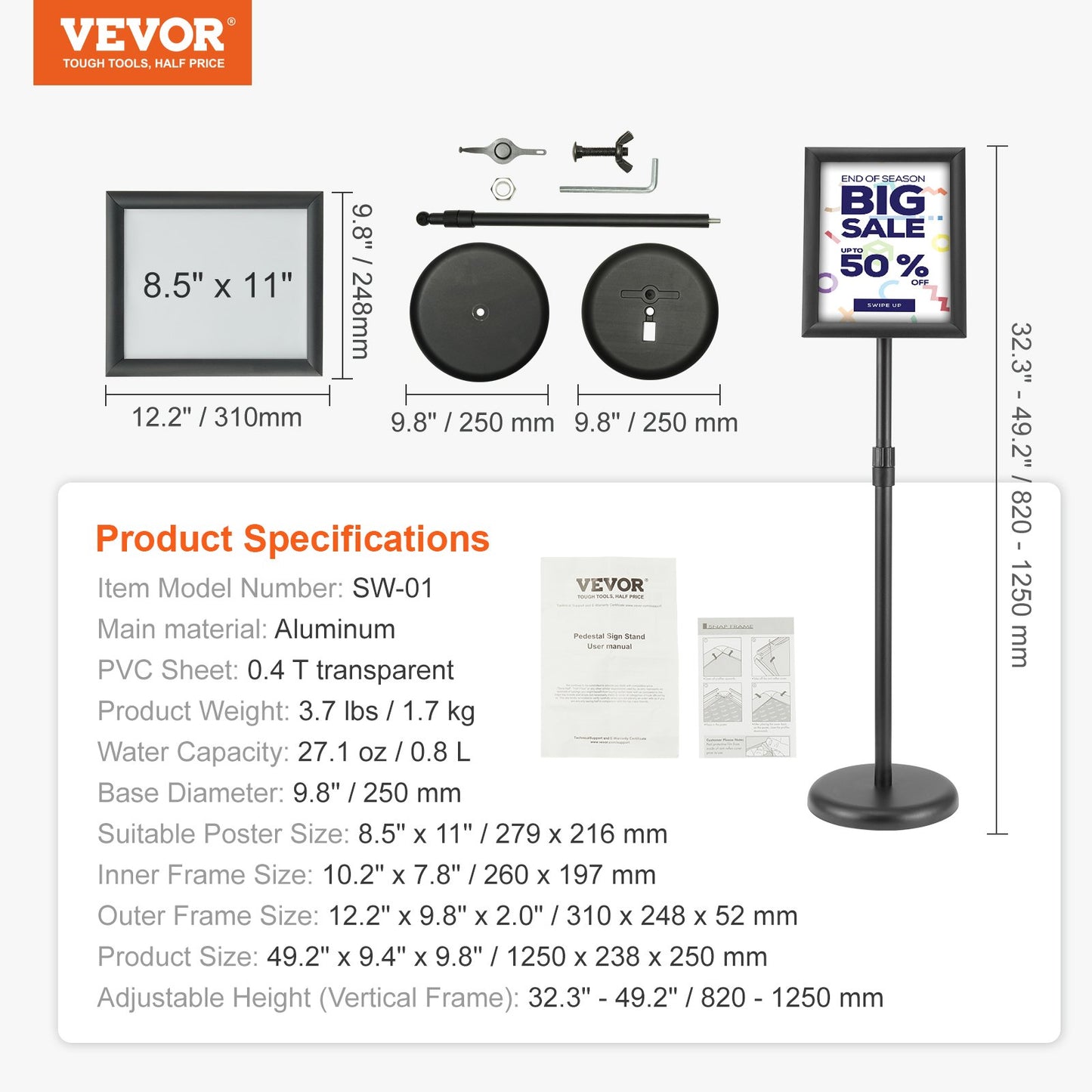 Pedestal Sign Holder, 8.5 x 11 Inch Vertical and Horizontal Adjustable Poster Stand, Heavy Duty Floor Sign Holder with Round Base for Display, Advertising and Outdoor, Black