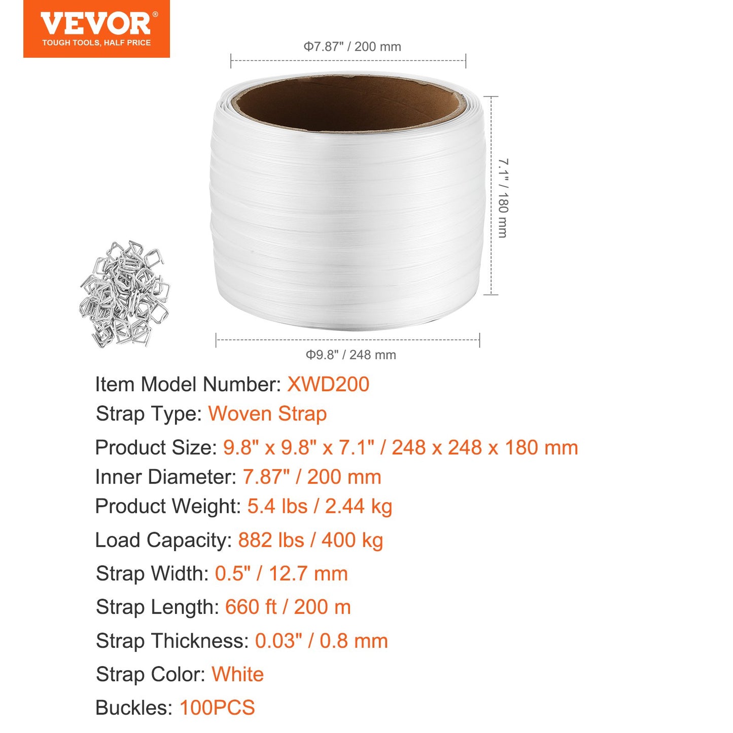 Förpackning vävd bandrulle 1/2" x 0,03" x 660' bandingrem 882 lbs