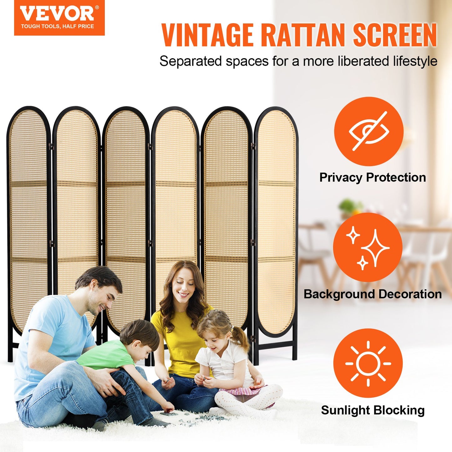 6 Panel Rumsavdelare Handvävd rotting Vikbara Sekretessskärmar Brun