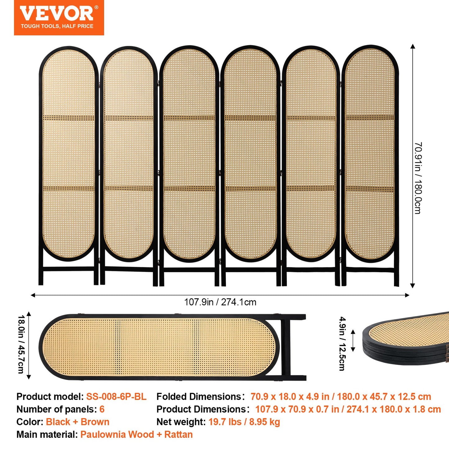 6 Panel Rumsavdelare Handvävd rotting Vikbara Sekretessskärmar Brun