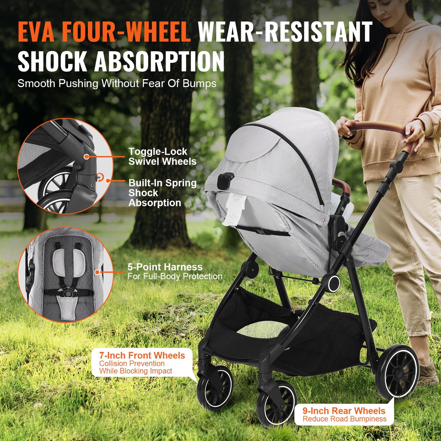 Standard Babyvagn, Barnvagn för småbarn med Bassinet, 3:e växelns justerbara ryggstöd & hopfällbar och vändbar sits, Carbon Steel Newborn Barnvagn med Benskydd och Mesh-nät, Ljusgrå