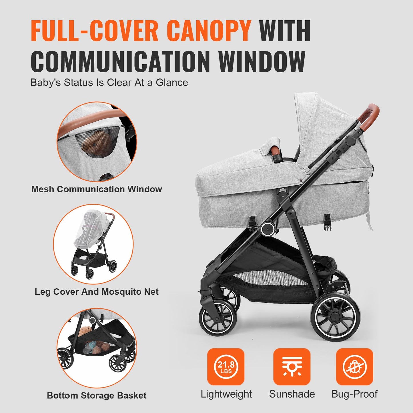 Standard Babyvagn, Barnvagn för småbarn med Bassinet, 3:e växelns justerbara ryggstöd & hopfällbar och vändbar sits, Carbon Steel Newborn Barnvagn med Benskydd och Mesh-nät, Ljusgrå