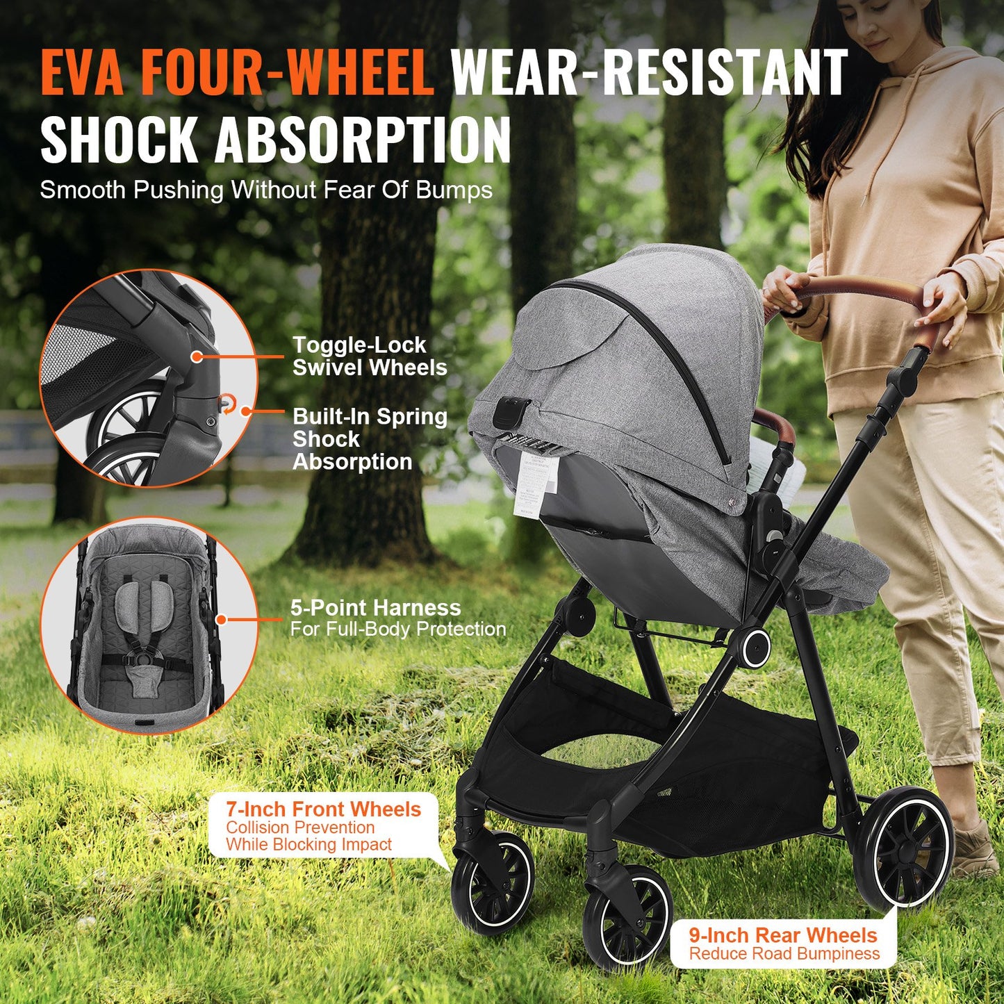 Standard Barnvagn, Barnvagn för småbarn med Bassinet, 3:e växelns justerbara ryggstöd & hopfällbar och vändbar sits, Carbon Steel Newborn Barnvagn med Benskydd och Mesh-nät, Mörkgrå