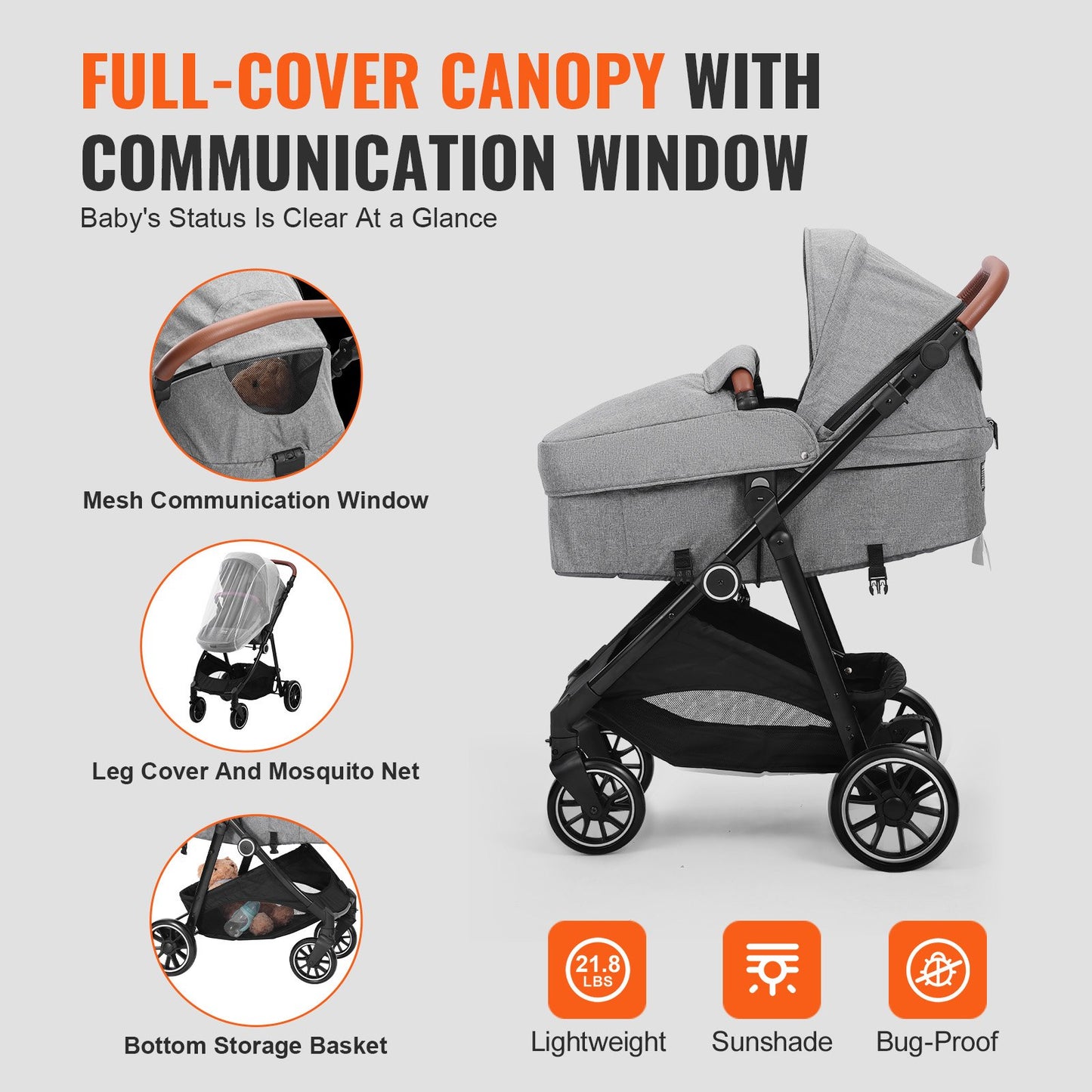 Standard Barnvagn, Barnvagn för småbarn med Bassinet, 3:e växelns justerbara ryggstöd & hopfällbar och vändbar sits, Carbon Steel Newborn Barnvagn med Benskydd och Mesh-nät, Mörkgrå