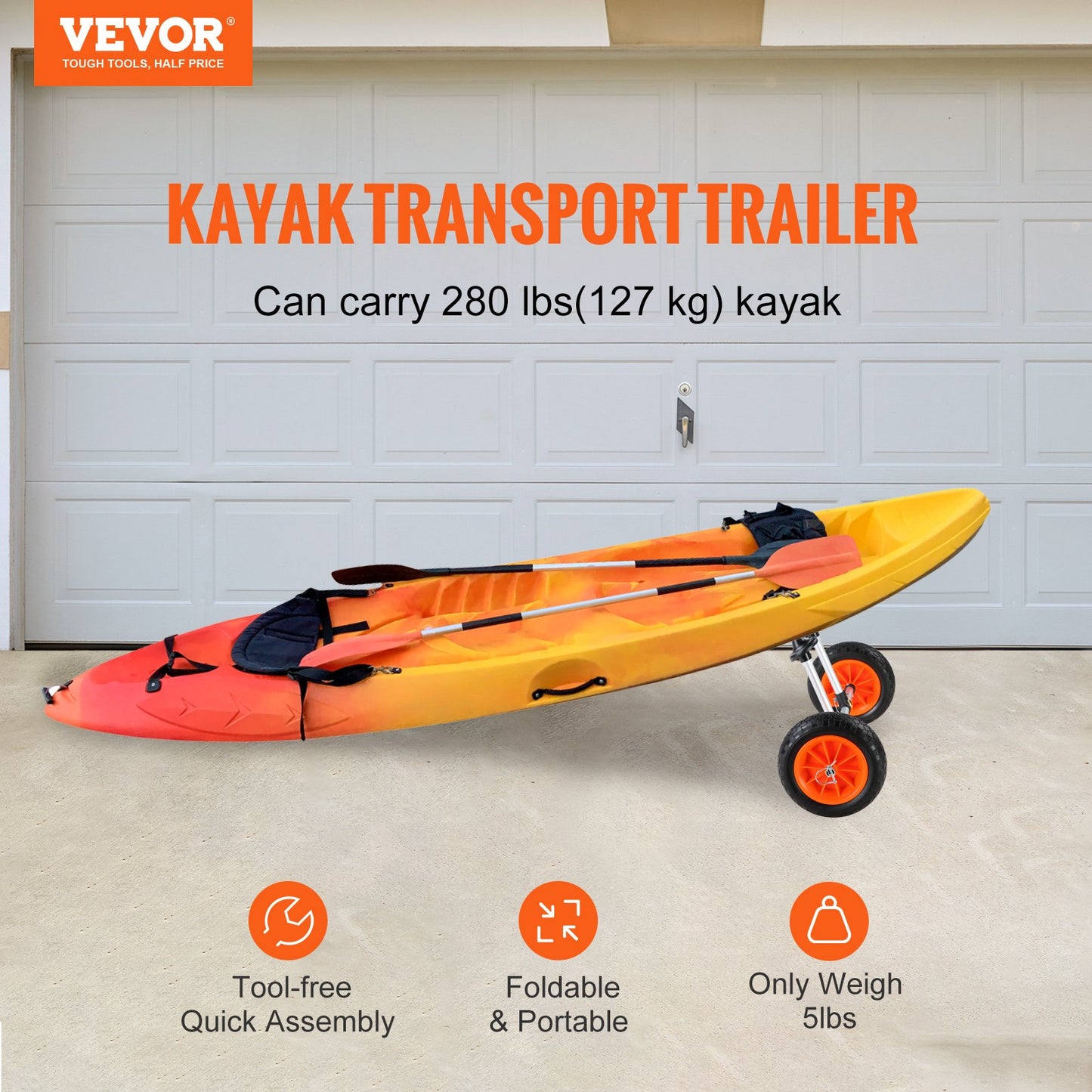 Heavy Duty Kayak Trailer, 280lbs Load Capacity, Detachable Canoe Trailer Cart with 10'' Solid Tires, Adjustable Width & Top Foam Guard, for Kayaks with Drain Holes of 2.54mm and Above
