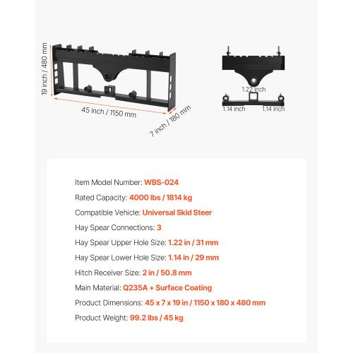 45-inch skid steer loader frame with hitch mount and spear sleeves | EU