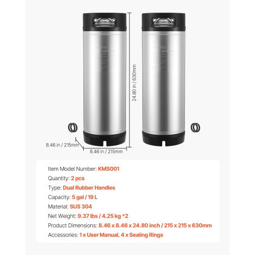 Corny Keg, 5 gallon kullåsfat, SUS304 kallbryggfat med dubbla gummihandtag och kraftig gummibotten, bryggutrustning för hembryggningsfest, 2 st | EU