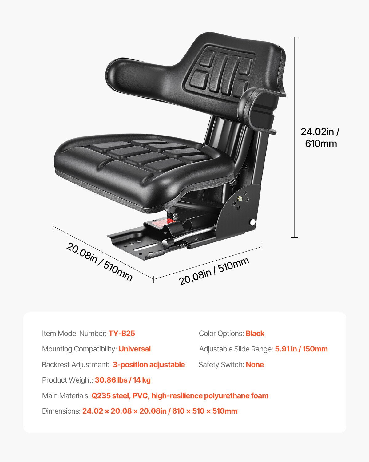 Waterproof forklift seat adjustable tractor suspension seat mower excavator