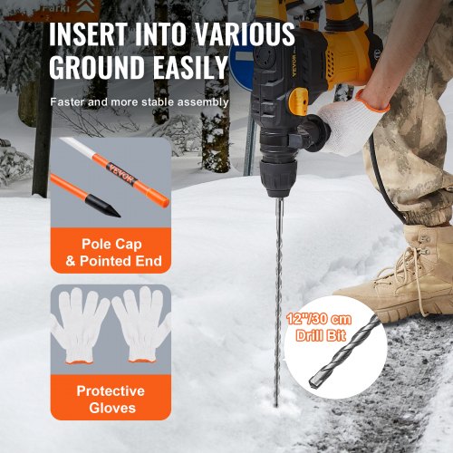 Driveway Markers, 100PCS 48 Inch, 0.31 Inch Diameter, Orange Fiberglass Poles Snow Pegs with Reflective Tape, 12" Steel Drill Bit and Protective Gloves for Parking Lots, Walkways Easy Visibility | EU