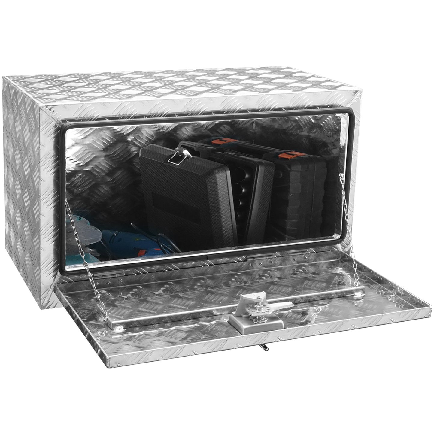 Underrede lastbilslåda, 30" × 17" × 18" pickup förvaringslåda, kraftig aluminium diamantplåt verktygslåda med lås och nycklar, vattentät släpvagnsförvaringslåda med T-handtagsspärr för lastbil, skåpbil, släp