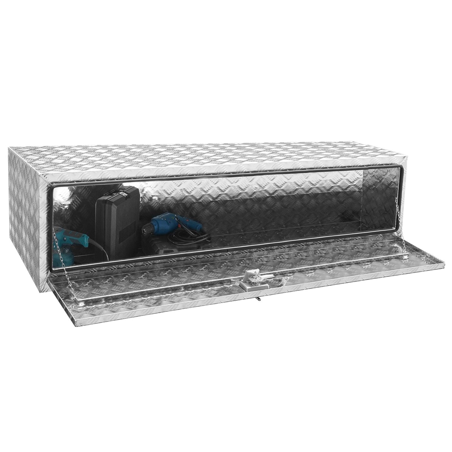 Underrede lastbilslåda, 60"×24"×24" pickupförvaringslåda, kraftig aluminium diamantplatta verktygslåda med lås och nycklar, vattentät släpvagnsförvaringslåda med T-handtagsspärr för lastbil, skåpbil, släp