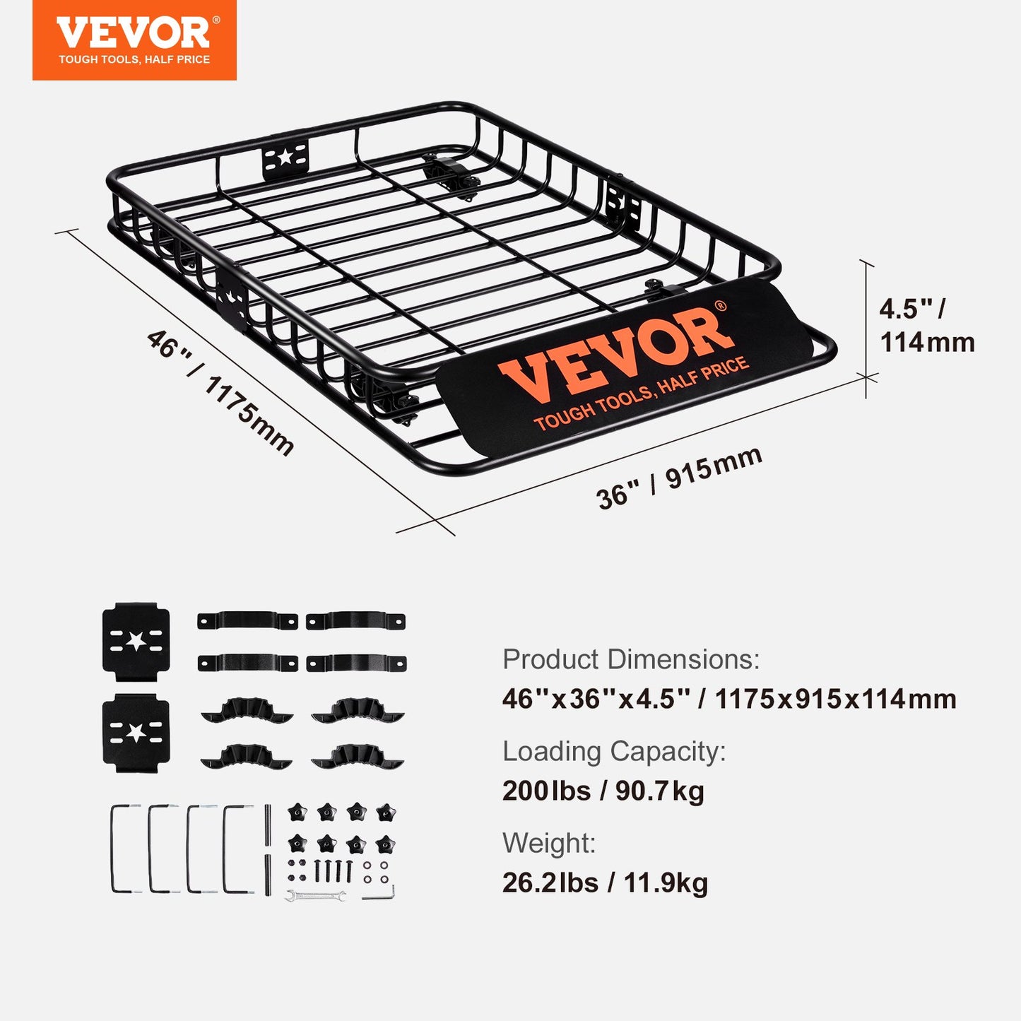 Takräcke lastkorg, 117,5 x 91,5 x 11,4 cm Taklasthållare, Kraftig 90,7 kg Kapacitet Universal takräckeskorg, bagagehållare för SUV, lastbil, fordon