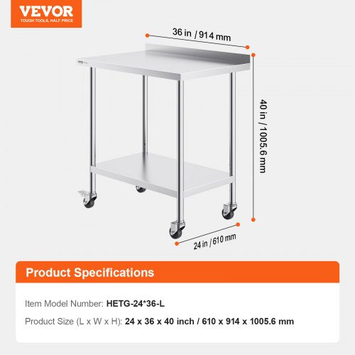 Stainless Steel Work Table Commercial Food Prep Table 24"x36" with Wheels | EU