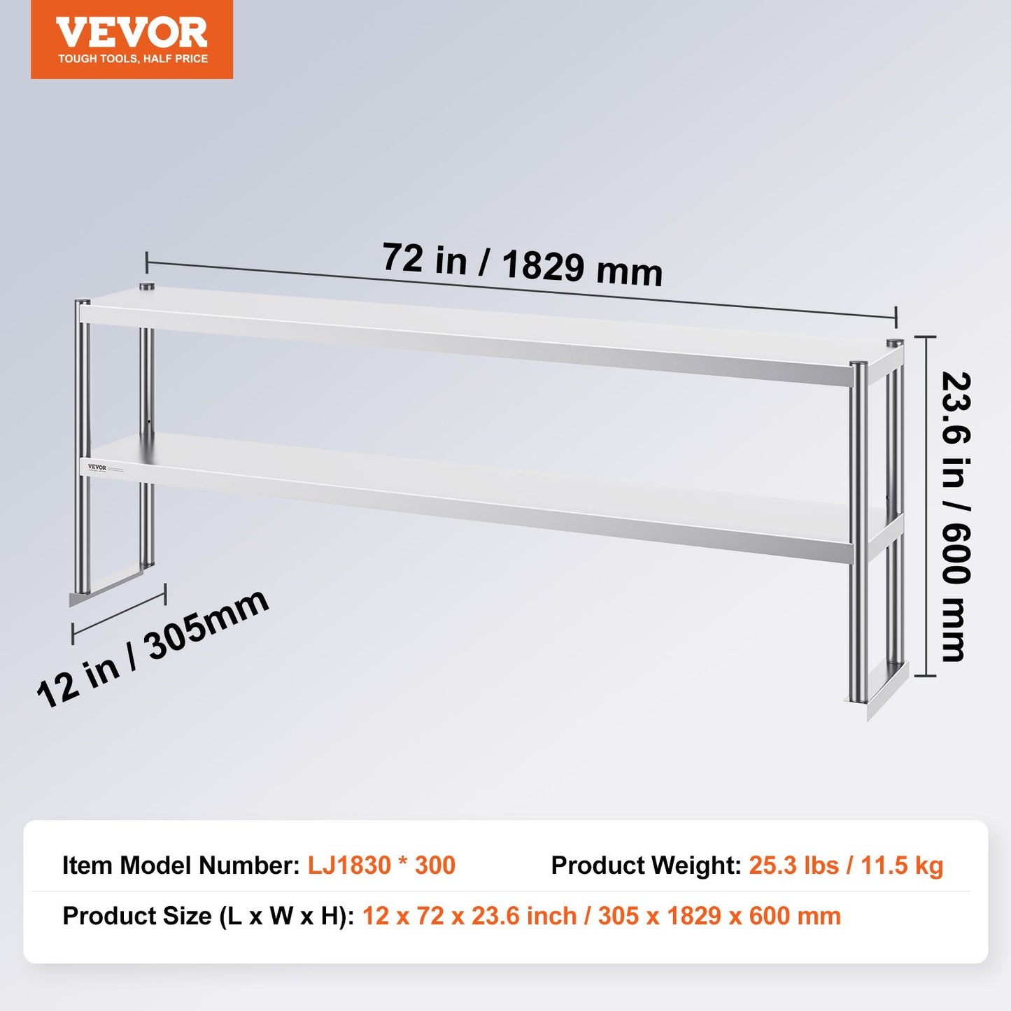 Dubbel överhylla i rostfritt stål 2-vånings 12"x72" för förberedande bord