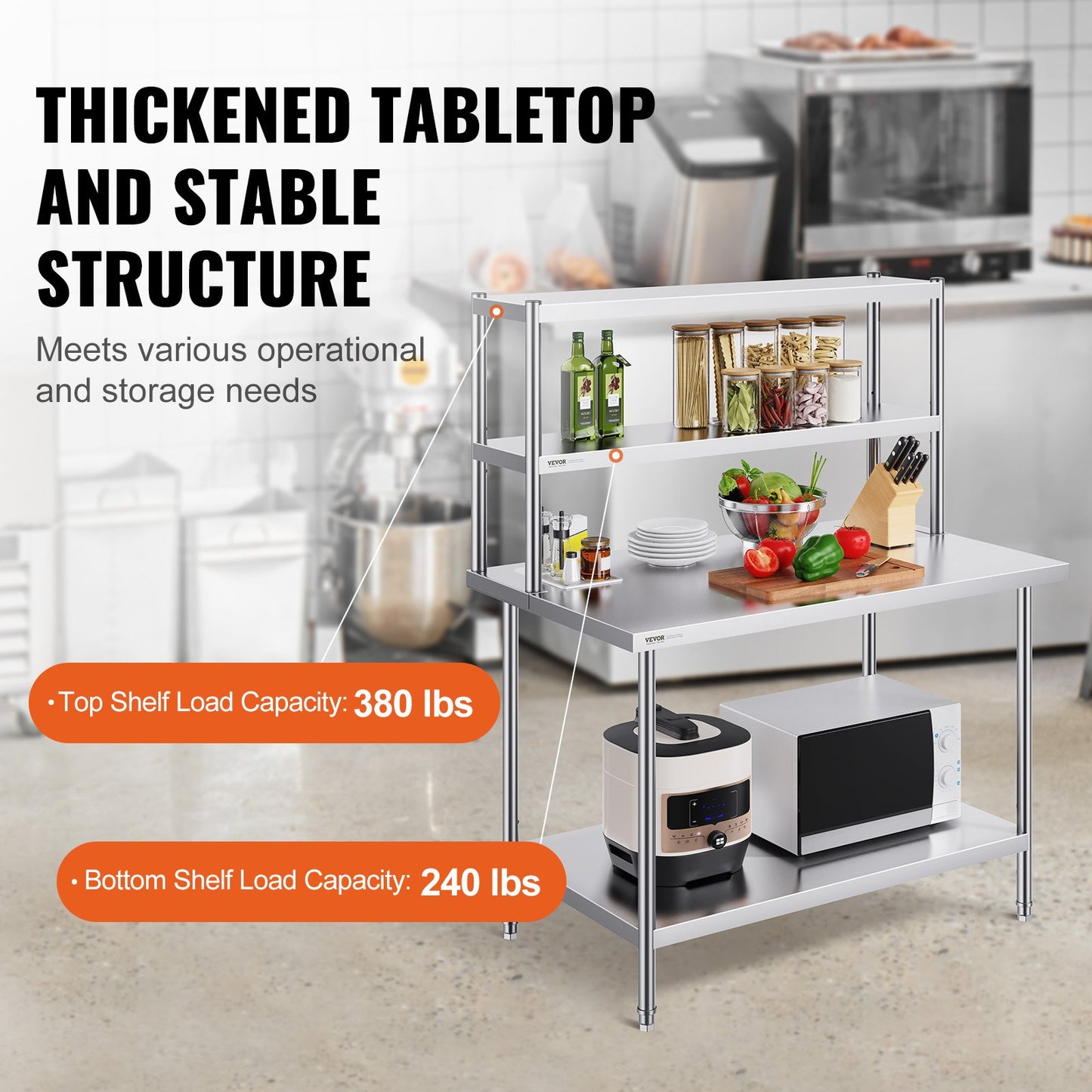 Double stainless steel overhead shelf 2-tier 12"x48" for prep table