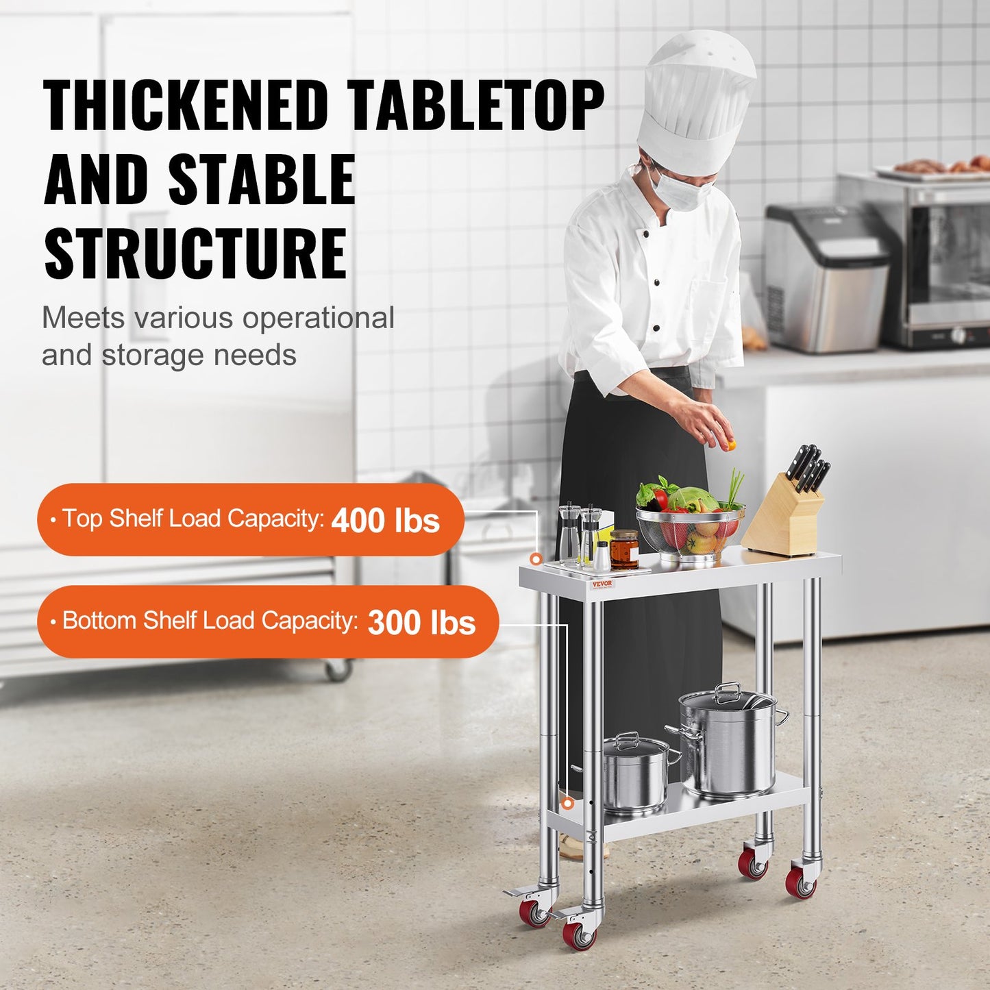 Rostfritt stål Catering Arbetsbord 30x12 tum Kommersiellt köksbord med 4 hjul Kommersiell matberedningsarbetsbänk med flexibel justering Hylla för köksbord