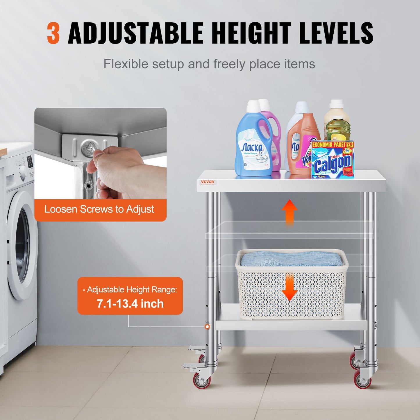 Rostfritt stål Catering Arbetsbord 30x12 tum Kommersiellt köksbord med 4 hjul Kommersiell matberedningsarbetsbänk med flexibel justering Hylla för köksbord