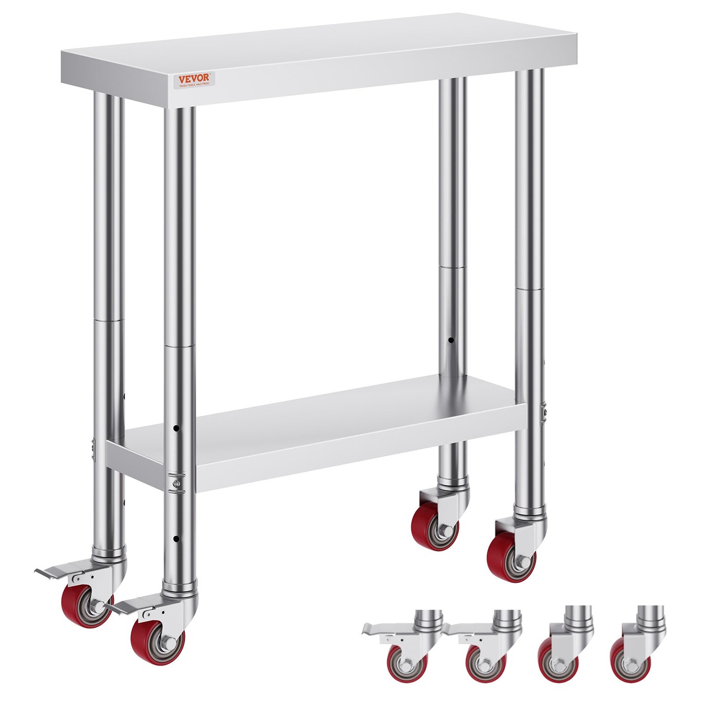 Rostfritt stål Catering Arbetsbord 30x12 tum Kommersiellt köksbord med 4 hjul Kommersiell matberedningsarbetsbänk med flexibel justering Hylla för köksbord
