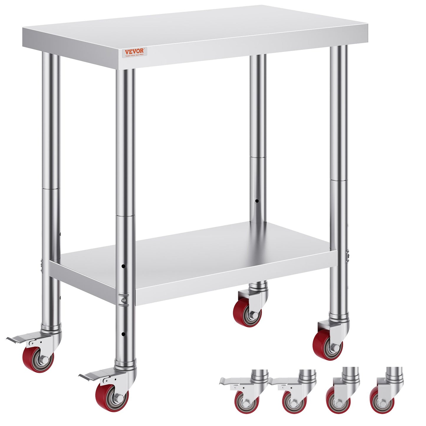 Rostfritt Stål Catering Arbetsbord 30x18 tum Kommersiellt köksbord med 4 hjul Kommersiell matförberedande arbetsbänk med flexibel justering Hylla för köksförberedande bord