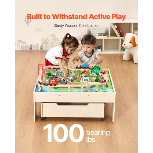 Tågbord 100 st Träaktivitetsbord för Barn med Rullande Förvaringslåda