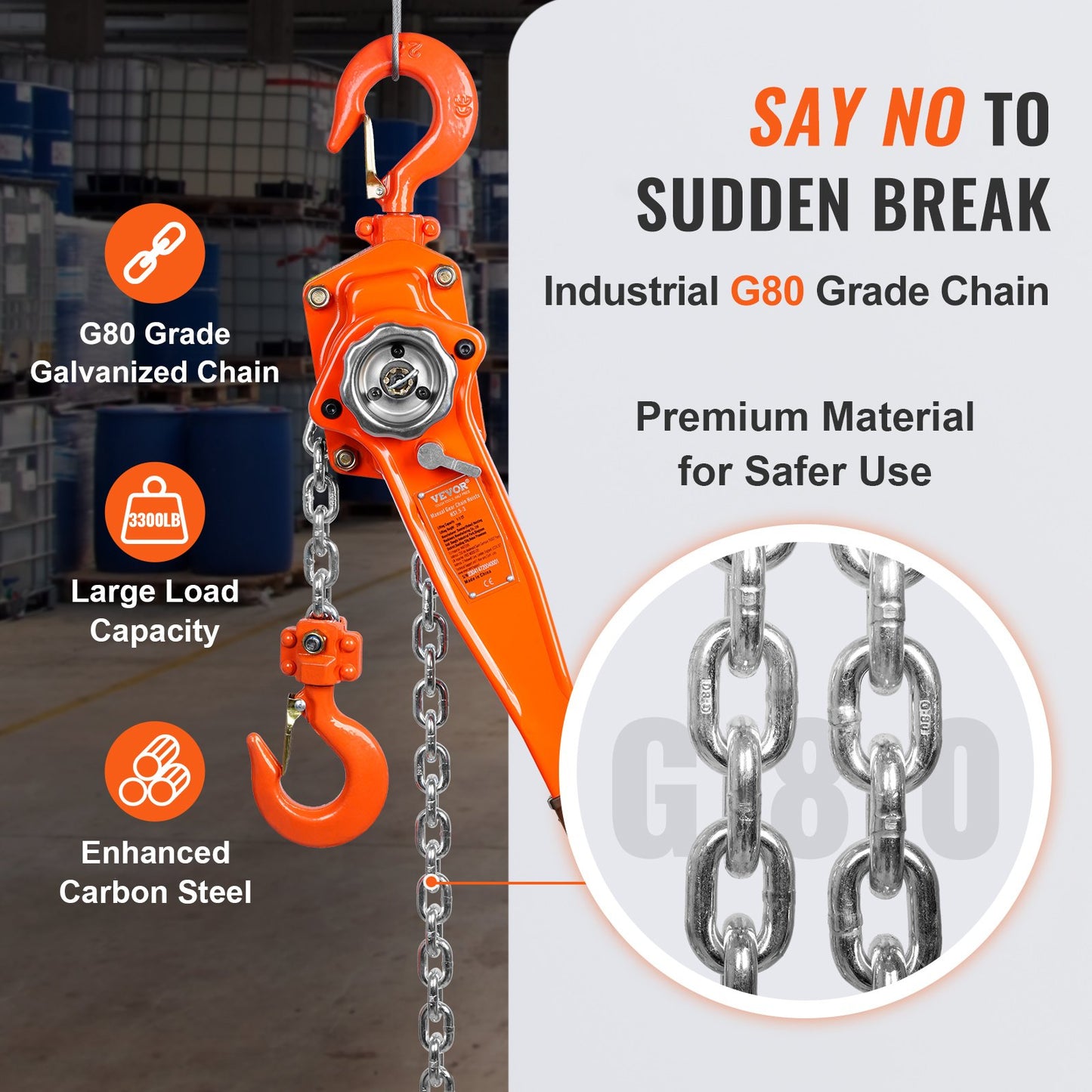 Manual Chain Hoist, 1-1/2 Ton 3300 lbs Capacity 20 FT Come Along, G80 Galvanized Carbon Steel with Weston Double-Lock Brake, Automatic Chain Guide and 360° Rotating Hook, for Garage Factory Dock
