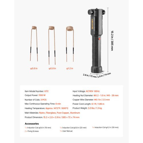 Induktionsvärmare Bultborttagning, 1100W 230V Magnetisk Induktionsvärmare Kit, Handhållet Mutterbrytare, Mini Värmemaskin för att Borttagning av Rostiga Skruvar, reparationsverktyg för Bilgarage med 3 Spolar | EU