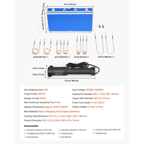 Induktionsvärmare Bultborttagning, 1100W 230V Magnetisk Induktionsvärmare Kit, Handhållet Mutterbrytare, Mini Värmemaskin för att Borttagning av Rostiga Skruvar, Bilgarage Reparationsverktyg med 8 Spolar och Ask | EU