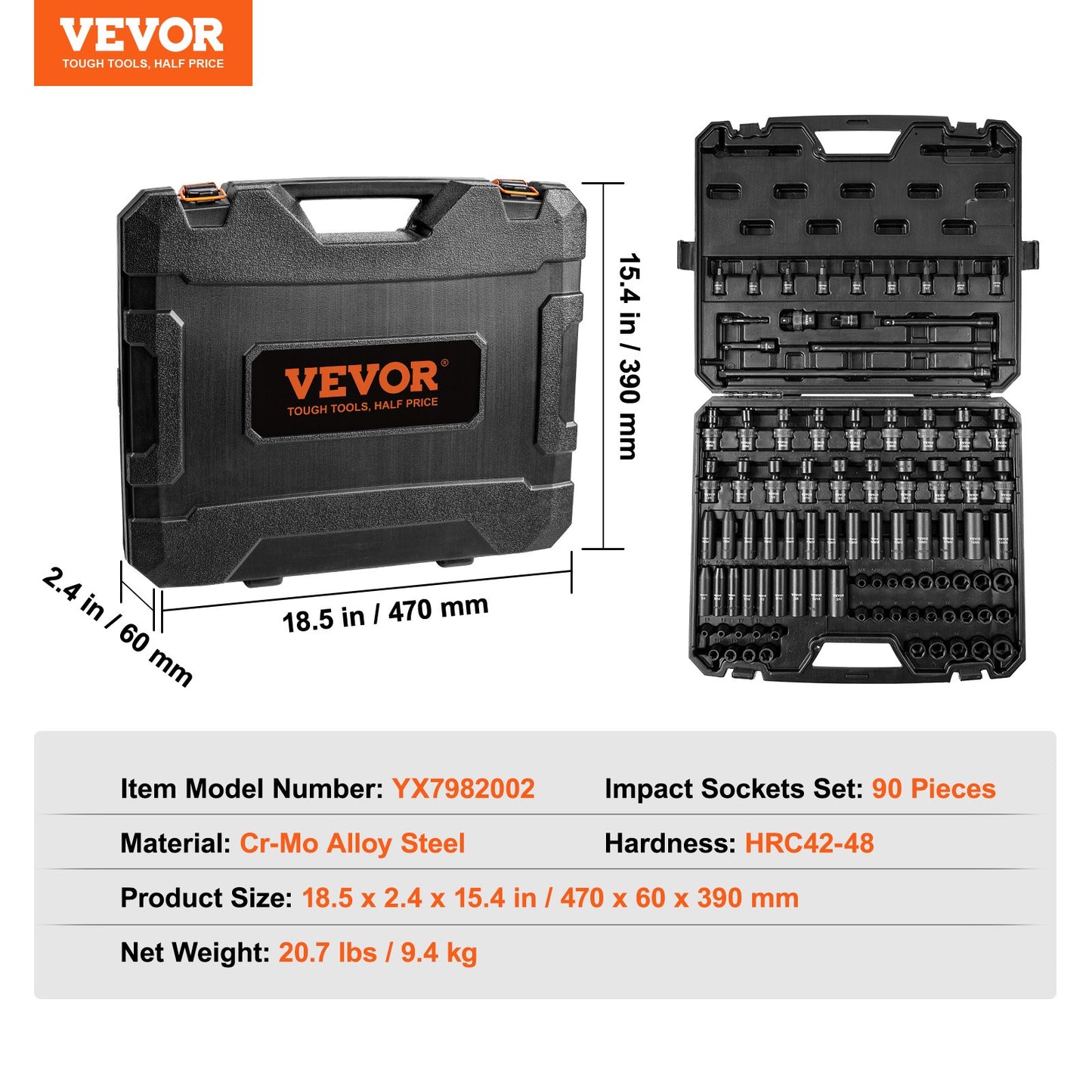 3/8-Zoll-Schlagsteckschlüsselsatz, 90-teiliger Steckschlüsselsatz SAE 1/4"-3/4" und metrisch 6-19 mm, 6-Punkt-Cr-Mo-Legierungsstahl für Autoreparatur, inkl. Verlängerungsstangen, Universalgelenkadapter, Schloss, Aufbewahrungskoffer