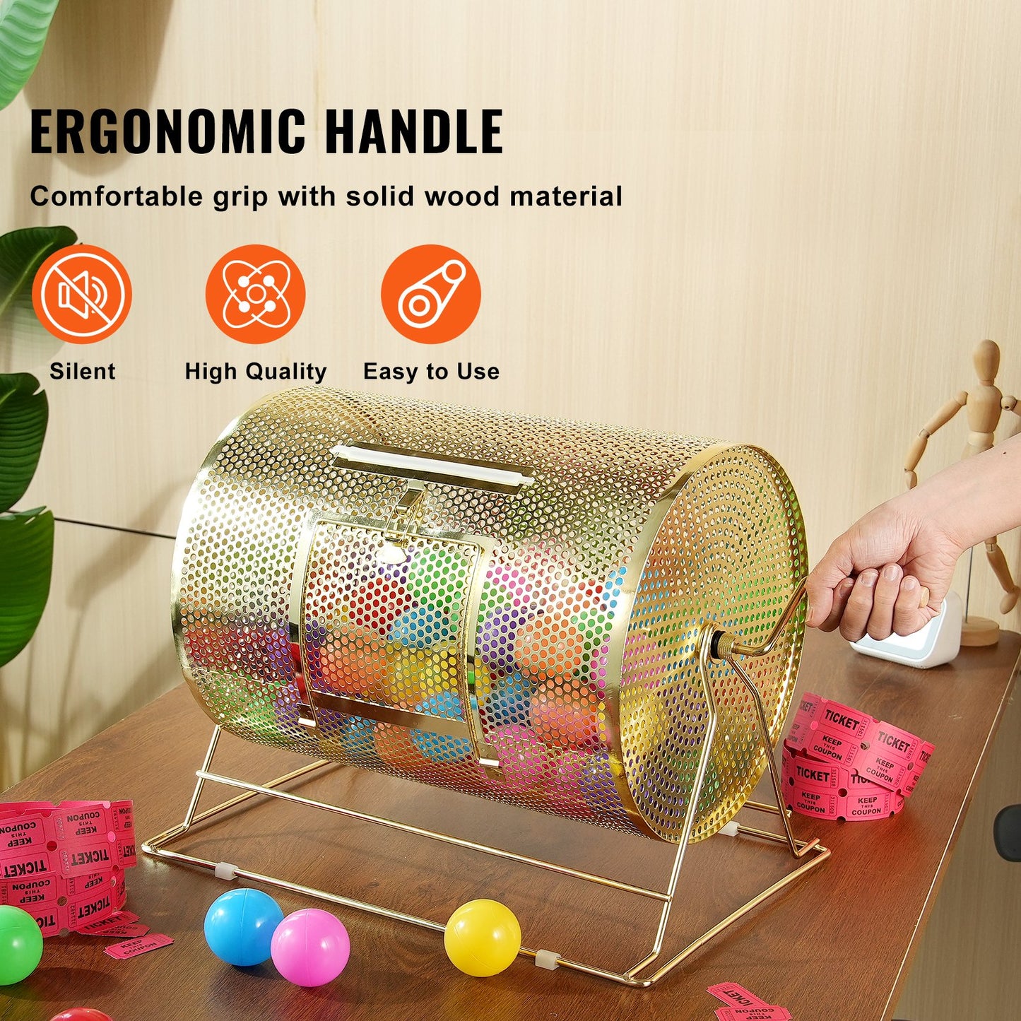 Lottery drum, 16.1 x Ø12 inch brass plated lottery ticket spinner cage, holds 5,000 tickets or 200 ping pong balls, metal lottery spinner drawing with wooden twist handle, for bingo roll part