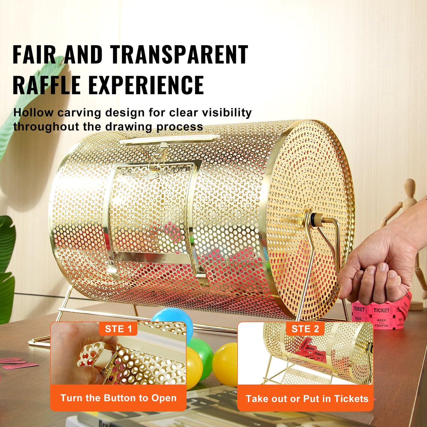 Lottery drum, 16.1 x Ø12 inch brass plated lottery ticket spinner cage, holds 5,000 tickets or 200 ping pong balls, metal lottery spinner drawing with wooden twist handle, for bingo roll part