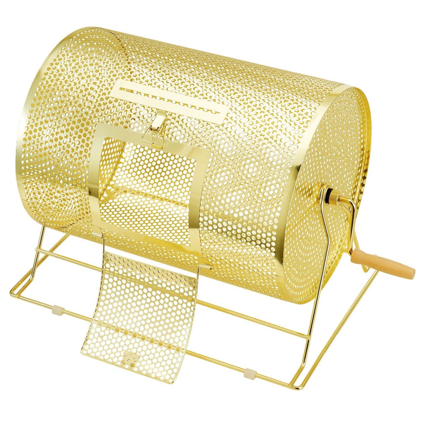 Lottery drum, 16.1 x Ø12 inch brass plated lottery ticket spinner cage, holds 5,000 tickets or 200 ping pong balls, metal lottery spinner drawing with wooden twist handle, for bingo roll part