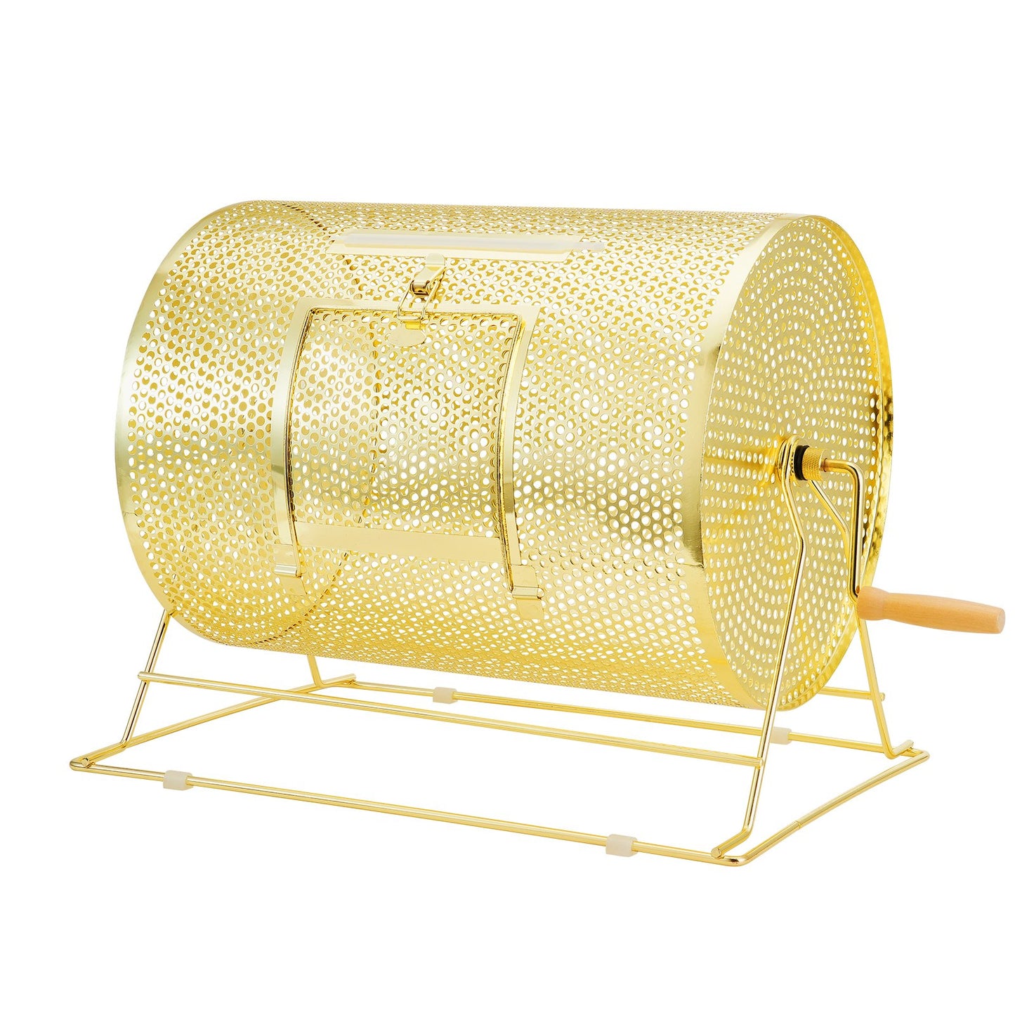 Lottery drum, 16.1 x Ø12 inch brass plated lottery ticket spinner cage, holds 5,000 tickets or 200 ping pong balls, metal lottery spinner drawing with wooden twist handle, for bingo roll part