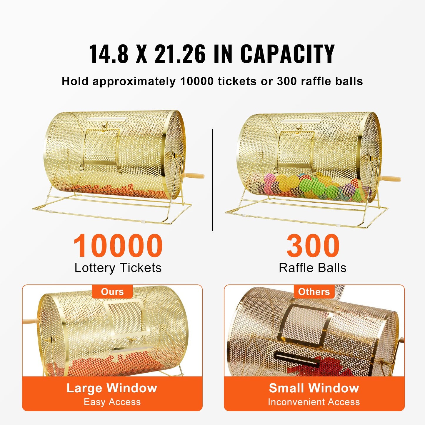 Lotteritrumma, 14,8 x Ø21,26 tum, mässingspläterad lotteribiljettsnurrbur, rymmer 10 000 biljetter eller 300 pingisbollar, metalllotteri-snurrritning med vridhandtag av trä, för bingoomröstning