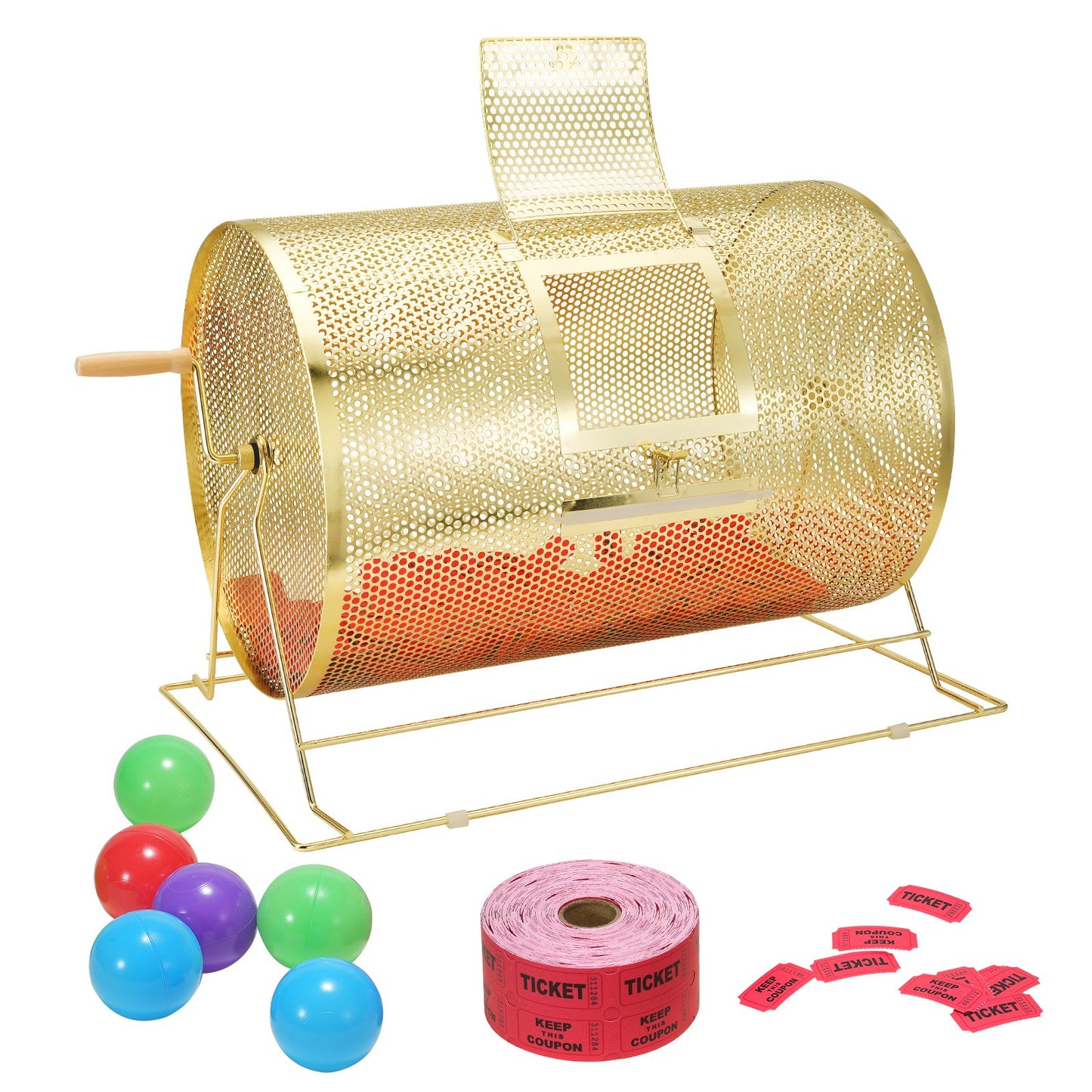 Lotteritrumma, 14,8 x Ø21,26 tum, mässingspläterad lotteribiljettsnurrbur, rymmer 10 000 biljetter eller 300 pingisbollar, metalllotteri-snurrritning med vridhandtag av trä, för bingoomröstning
