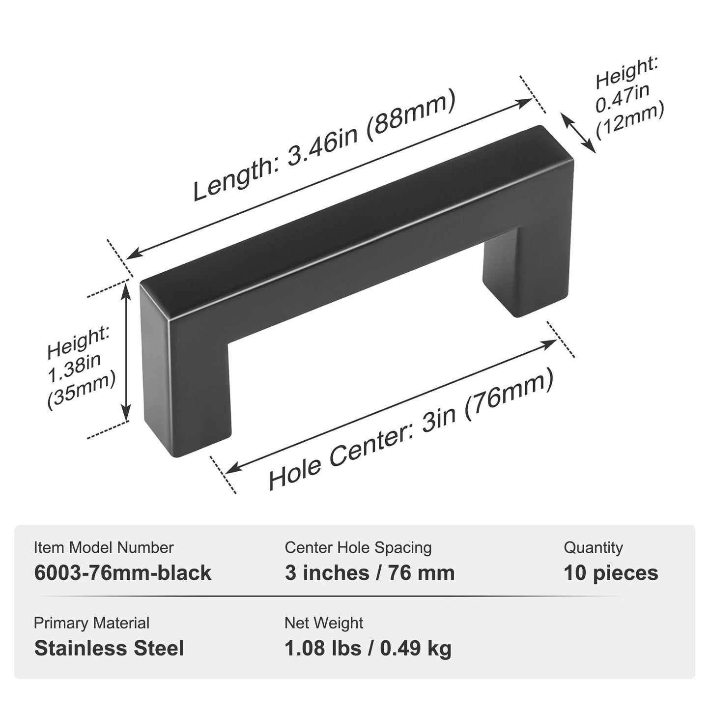 10-pack skåp drar, 3 tum / 76 mm Center till Center Slim Square Köksskåp Låda, rostfritt stål Moderna köksskåp Dörrhandtag för kök Badrum Bar Hårdvara Mattsvart