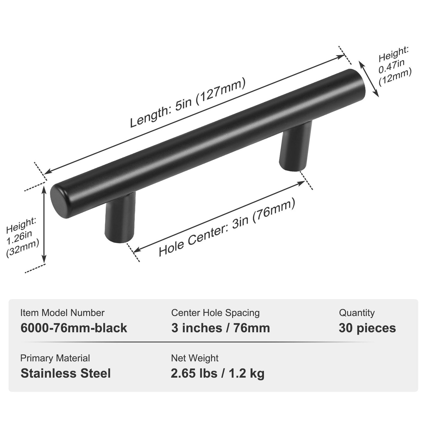 30-Pack Cabinet Pulls, 3 Inch / 76 mm Center to Center Slim Kitchen Cabinet Drawer Pull, Stainless Steel Modern Kitchen Cabinet Door Handles for Kitchen Bathroom Bar Hardware Matte Black