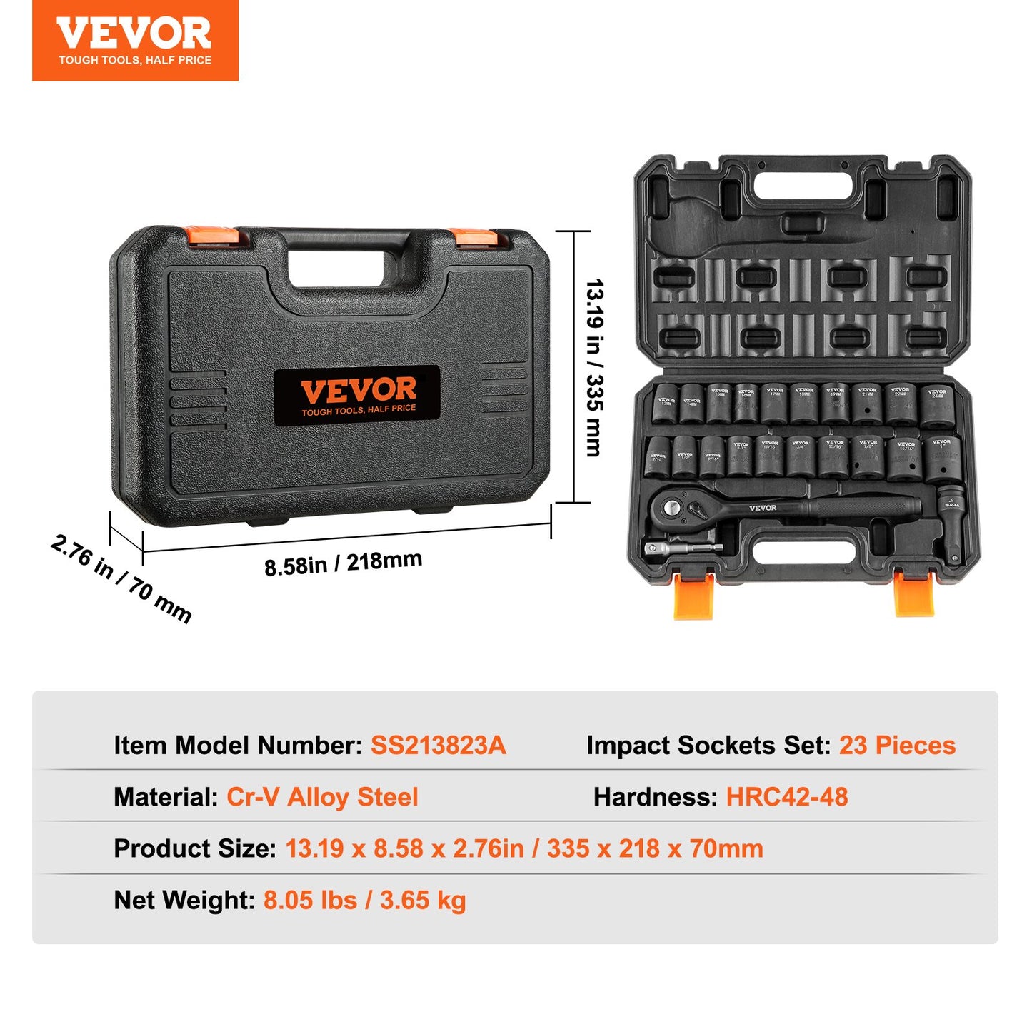 1/2" Drive Impact Socket Set, 23-Piece Socket Set SAE(7/16" -1")& Metric(13-24mm)6 Points Cr-V Alloy Steel for Car Repair with Ratchet Handle Rugged Construction Storage Case