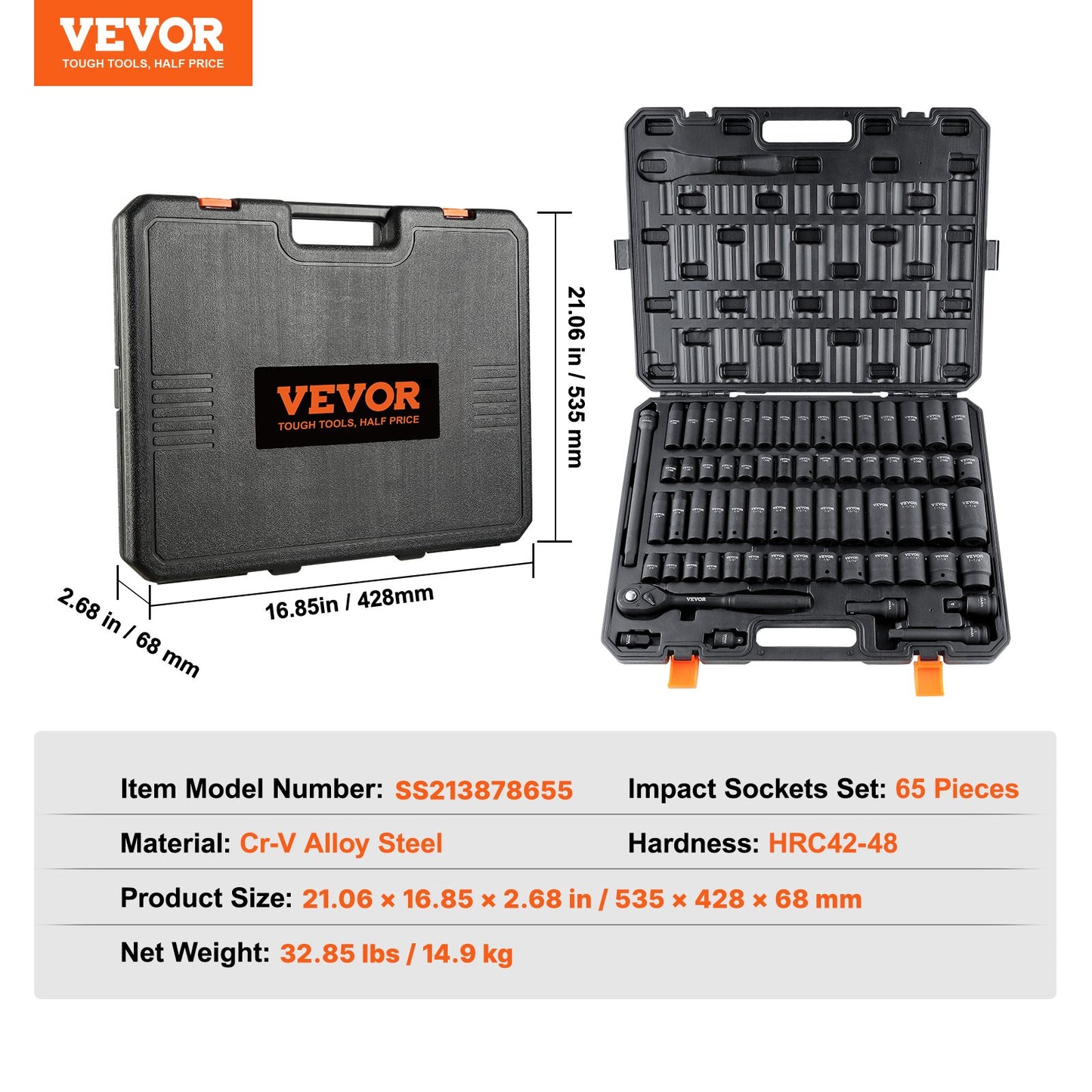 1/2" Drive Impact Socket Set, 65 delars Socket Set SAE 3/8" till 1-1/4" och metriskt 10-24 mm, 6-punkts Cr-V legerat stål för bilreparationer, lättlästa storleksmärkningar, robust konstruktion, förvaringsväska