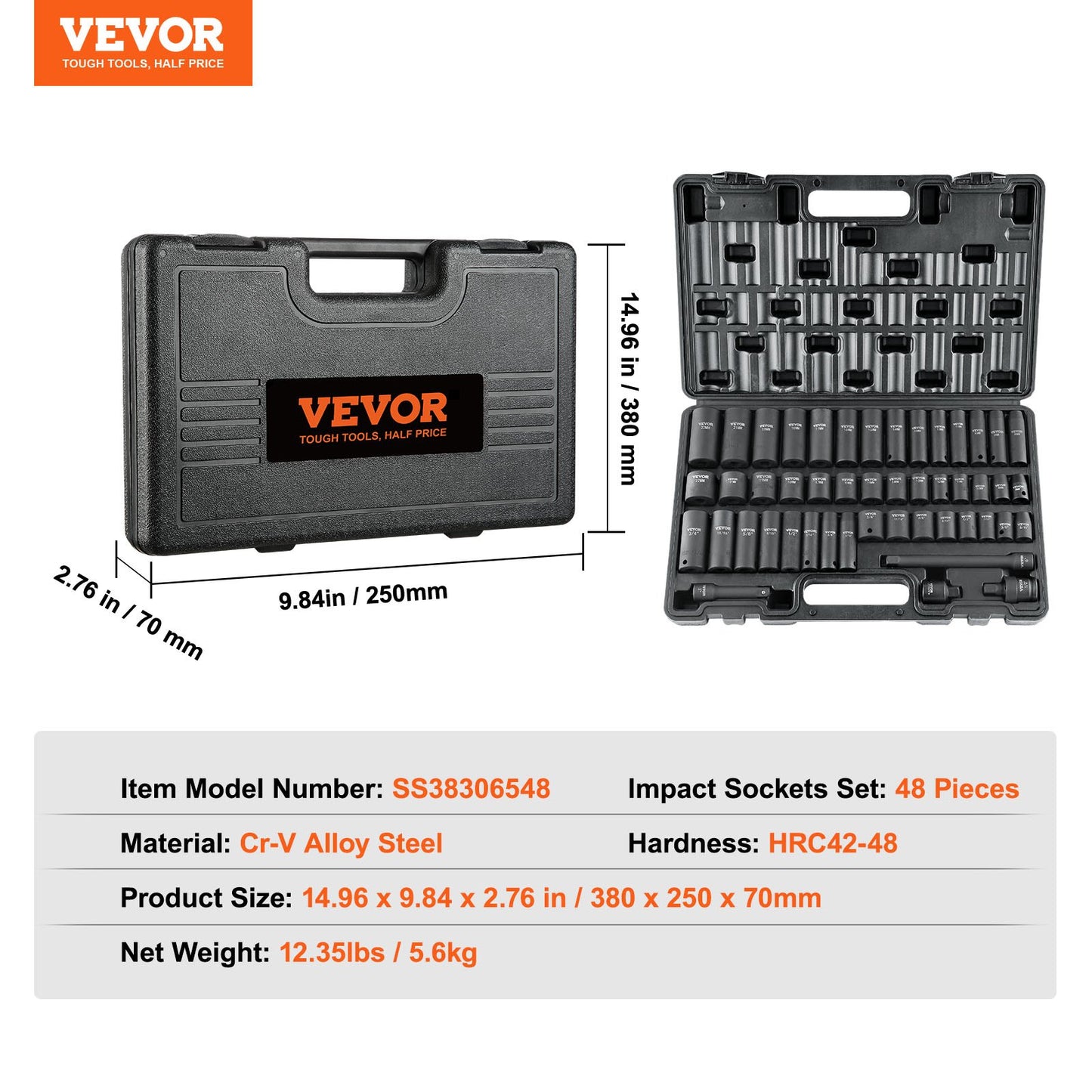 3/8" Drive Impact Socket Set, 48 delars Socket Set SAE (5/16" -3/4") & Metrisk (8-22mm)6 Points Cr-V Drive Extension Bar Universal Joint & Power Drill Adapter Inkluderar förvaringsväska