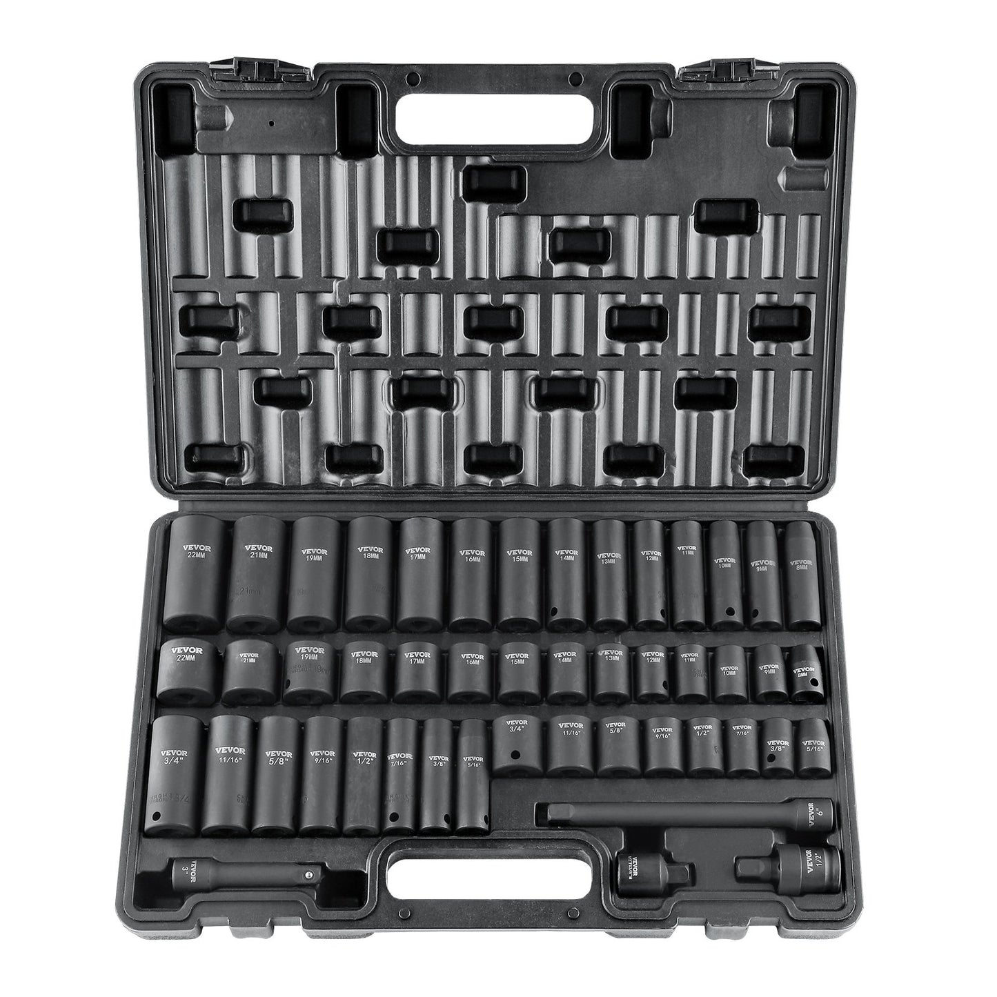 3/8" Drive Impact Socket Set, 48 delars Socket Set SAE (5/16" -3/4") & Metrisk (8-22mm)6 Points Cr-V Drive Extension Bar Universal Joint & Power Drill Adapter Inkluderar förvaringsväska