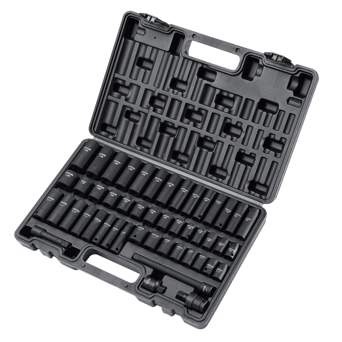 3/8" Drive Impact Socket Set, 48 delars Socket Set SAE (5/16" -3/4") & Metrisk (8-22mm)6 Points Cr-V Drive Extension Bar Universal Joint & Power Drill Adapter Inkluderar förvaringsväska